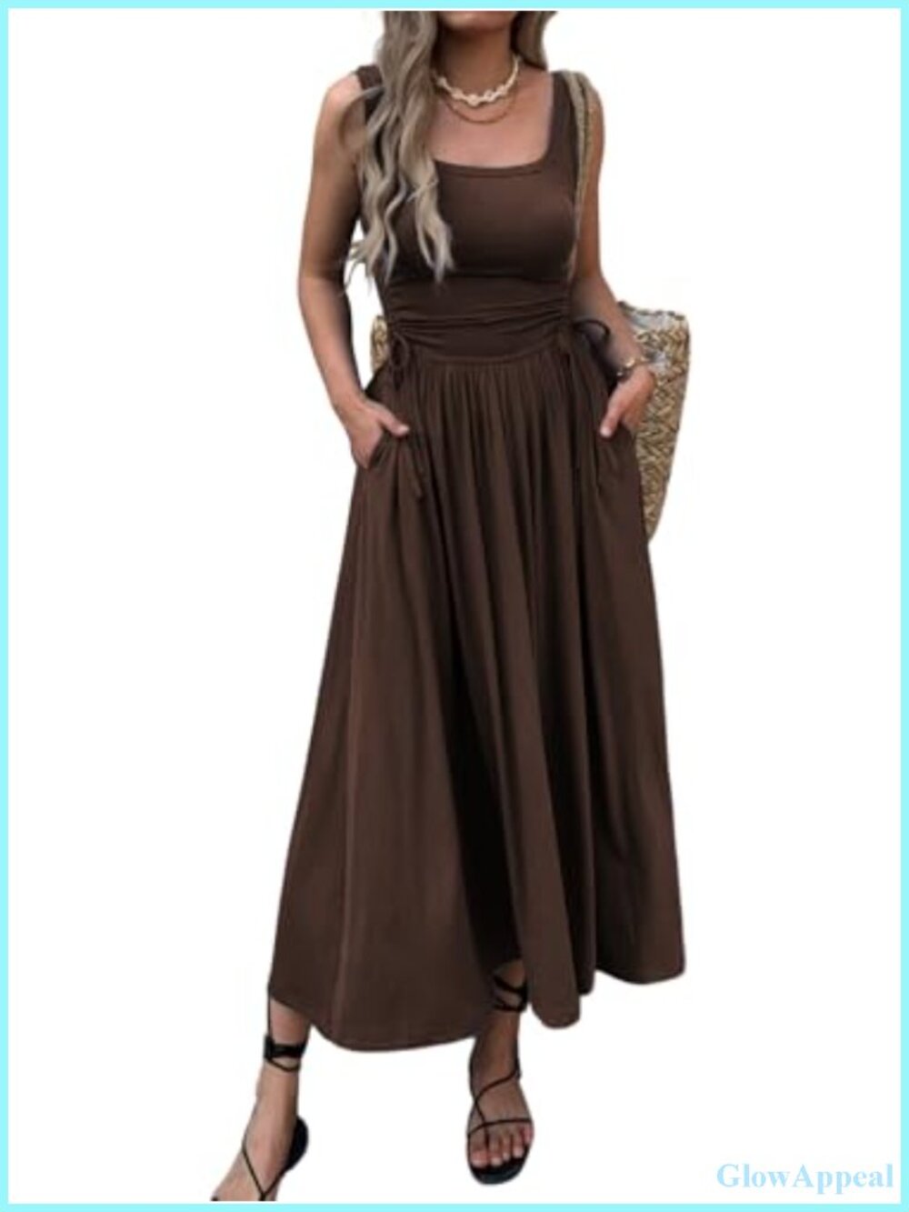 Women's Boho Maxi Dress Sleeveless Adjustable Waist Sundress with Pockets